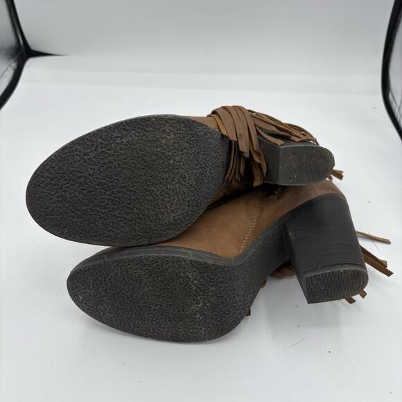Steve Madden Boots Womens 8.5 Woodstock Brown Leather Fringe Bootie Block Heel C - Picture 8 of 9